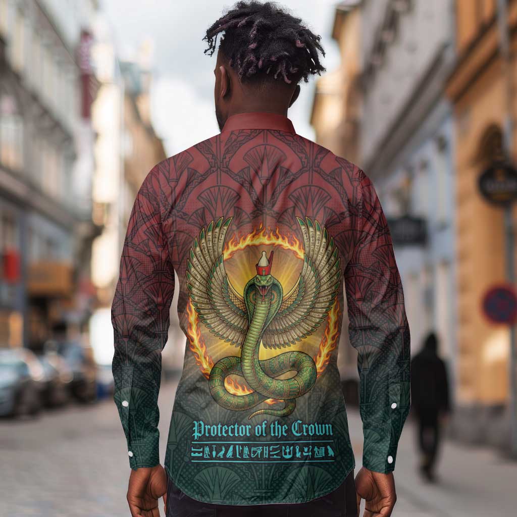 Egyptian Wadjet Winged Cobra Long Sleeve Button Shirt with Eye of Horus in Fiery Royal Protector Theme