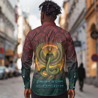 Egyptian Wadjet Winged Cobra Long Sleeve Button Shirt with Eye of Horus in Fiery Royal Protector Theme