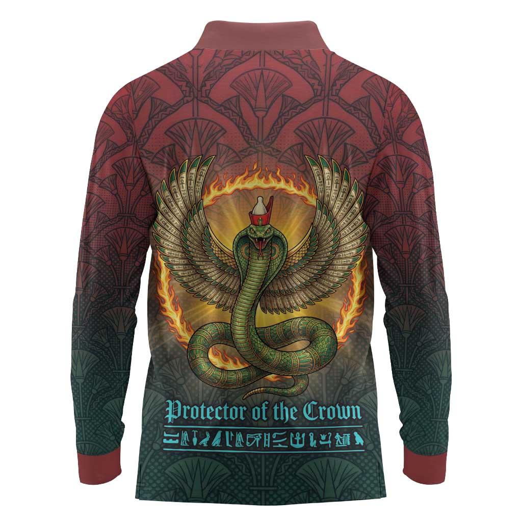 Egyptian Wadjet Winged Cobra Long Sleeve Polo Shirt with Eye of Horus in Fiery Royal Protector Theme