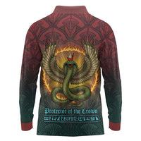 Egyptian Wadjet Winged Cobra Long Sleeve Polo Shirt with Eye of Horus in Fiery Royal Protector Theme