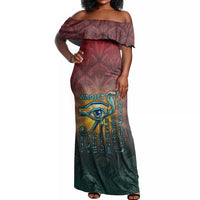 Egyptian Wadjet Winged Cobra Off Shoulder Maxi Dress with Eye of Horus in Fiery Royal Protector Theme