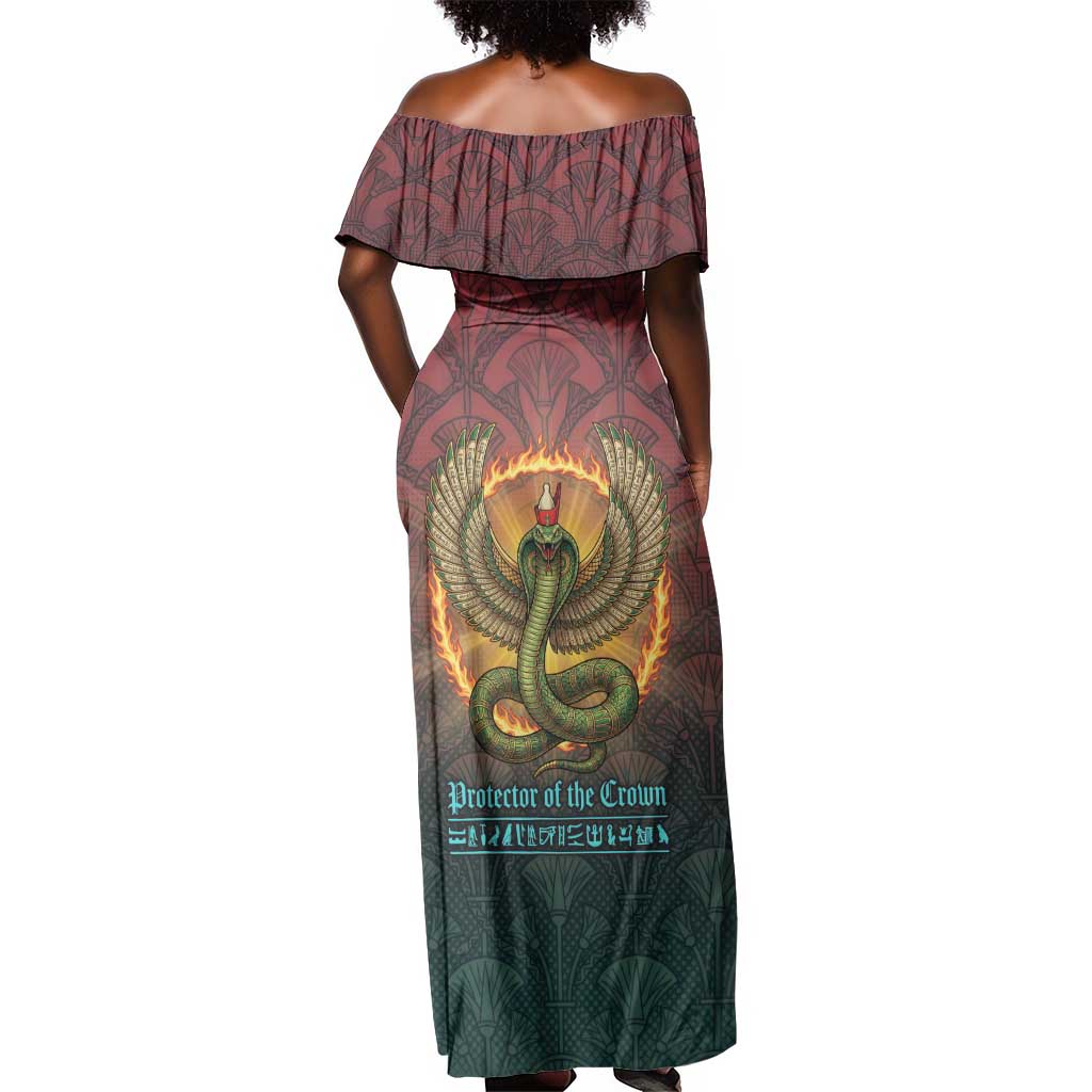 Egyptian Wadjet Winged Cobra Off Shoulder Maxi Dress with Eye of Horus in Fiery Royal Protector Theme