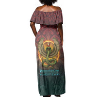 Egyptian Wadjet Winged Cobra Off Shoulder Maxi Dress with Eye of Horus in Fiery Royal Protector Theme
