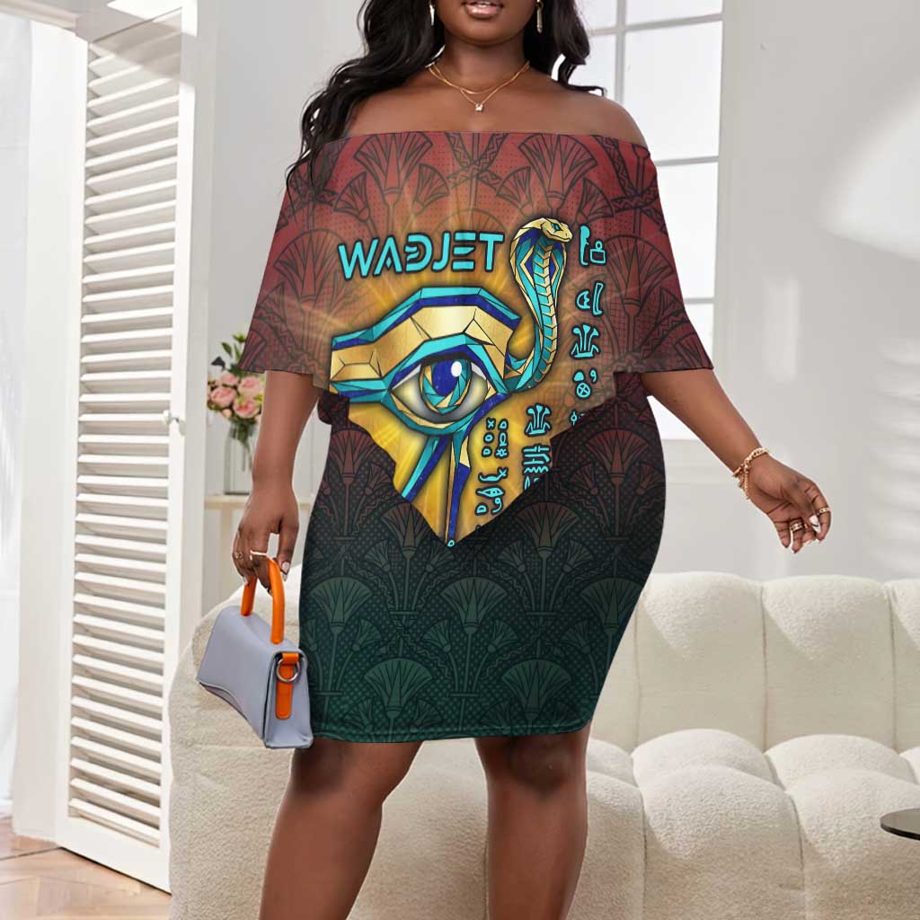 Egyptian Wadjet Winged Cobra Off Shoulder Short Dress with Eye of Horus in Fiery Royal Protector Theme