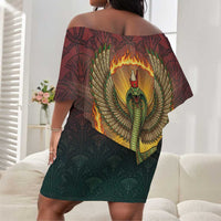 Egyptian Wadjet Winged Cobra Off Shoulder Short Dress with Eye of Horus in Fiery Royal Protector Theme