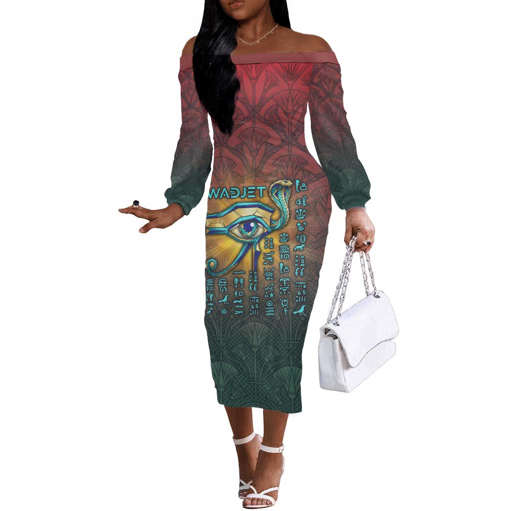 Egyptian Wadjet Winged Cobra Off The Shoulder Long Sleeve Dress with Eye of Horus in Fiery Royal Protector Theme