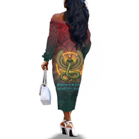 Egyptian Wadjet Winged Cobra Off The Shoulder Long Sleeve Dress with Eye of Horus in Fiery Royal Protector Theme