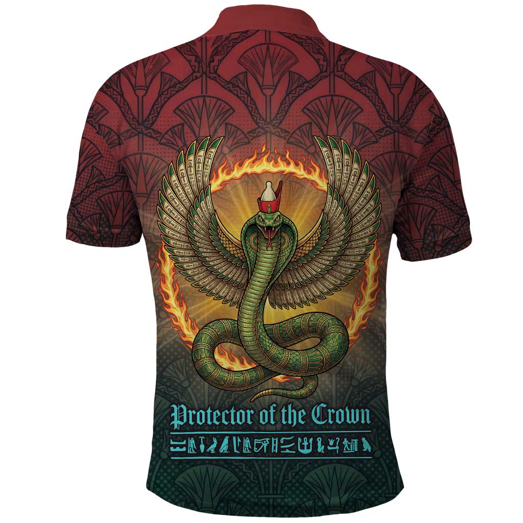 Egyptian Wadjet Winged Cobra Polo Shirt with Eye of Horus in Fiery Royal Protector Theme
