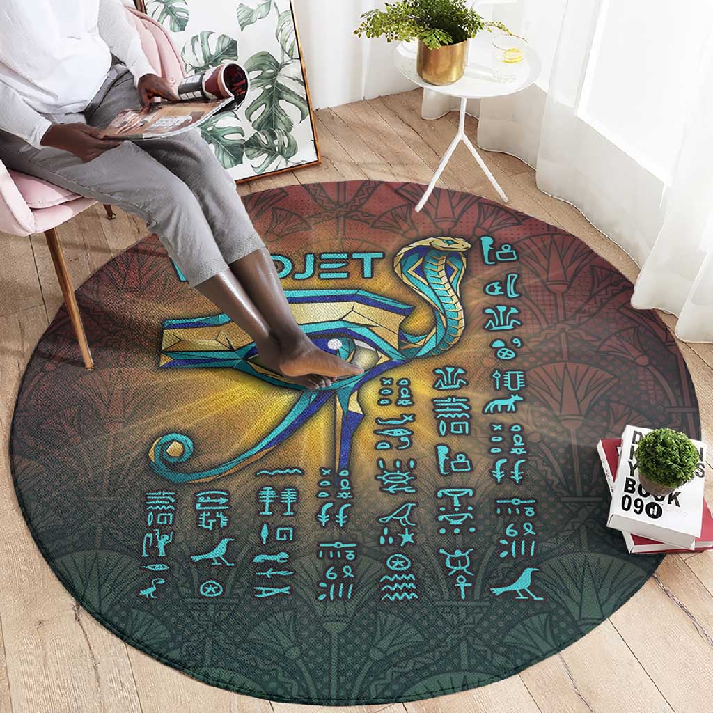 Egyptian Wadjet Winged Cobra Round Carpet with Eye of Horus in Fiery Royal Protector Theme