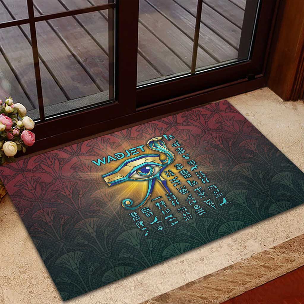Egyptian Wadjet Winged Cobra Rubber Doormat with Eye of Horus in Fiery Royal Protector Theme