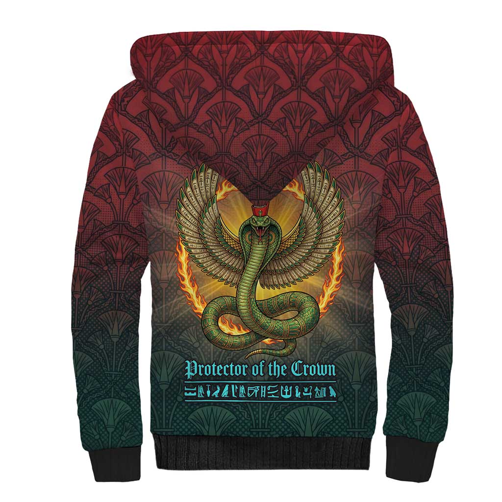 Egyptian Wadjet Winged Cobra Sherpa Hoodie with Eye of Horus in Fiery Royal Protector Theme
