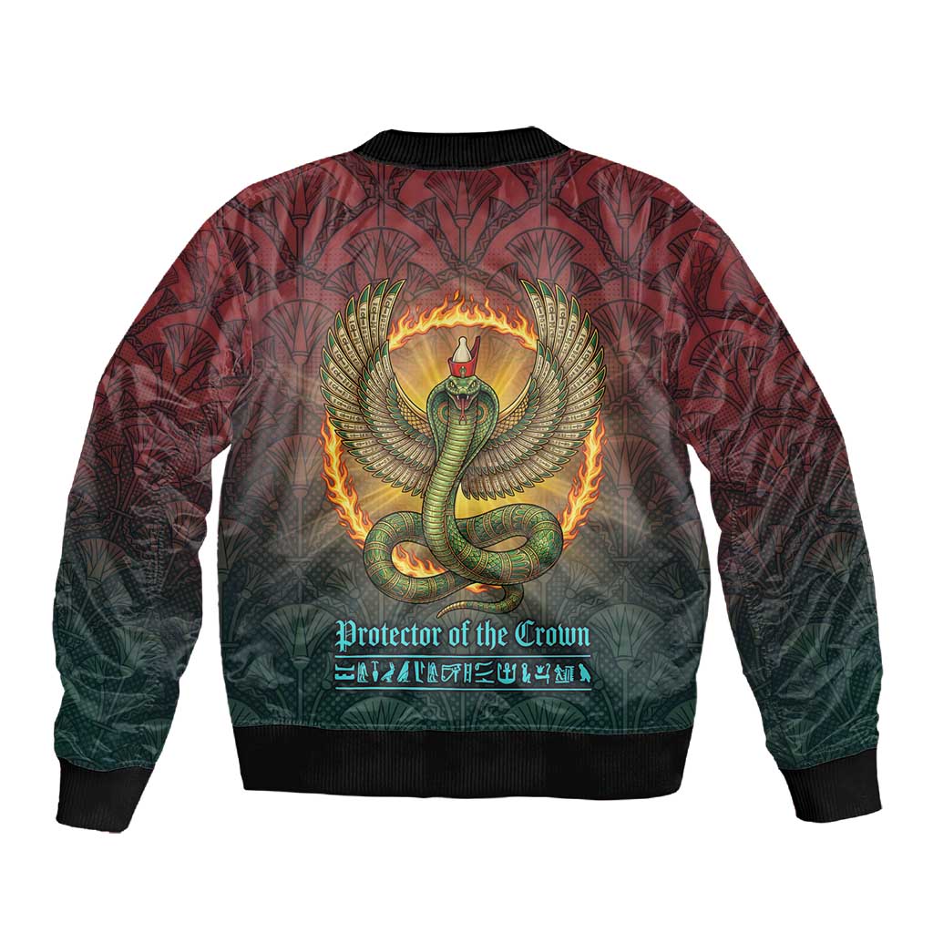 Egyptian Wadjet Winged Cobra Sleeve Zip Bomber Jacket with Eye of Horus in Fiery Royal Protector Theme