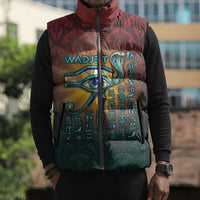 Egyptian Wadjet Winged Cobra Sleeveless Puffer Jacket with Eye of Horus in Fiery Royal Protector Theme