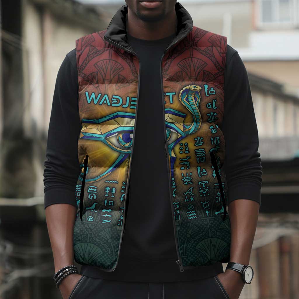 Egyptian Wadjet Winged Cobra Sleeveless Puffer Jacket with Eye of Horus in Fiery Royal Protector Theme