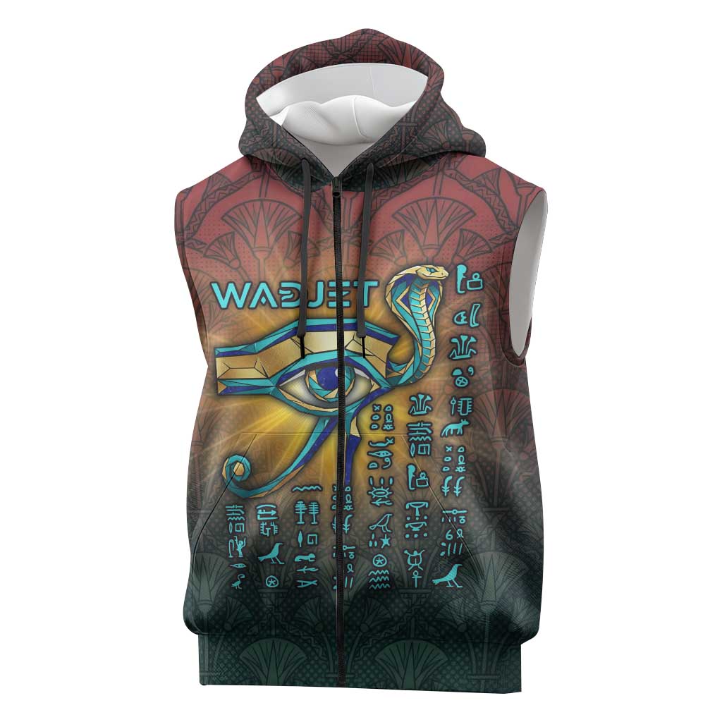 Egyptian Wadjet Winged Cobra Sleeveless Zip Hoodie with Eye of Horus in Fiery Royal Protector Theme