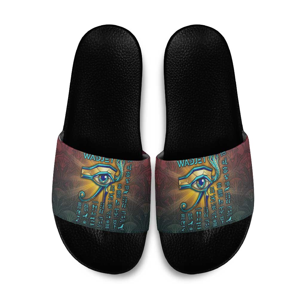 Egyptian Wadjet Winged Cobra Slide Sandals with Eye of Horus in Fiery Royal Protector Theme