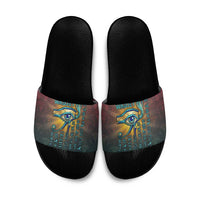 Egyptian Wadjet Winged Cobra Slide Sandals with Eye of Horus in Fiery Royal Protector Theme