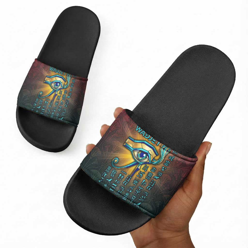 Egyptian Wadjet Winged Cobra Slide Sandals with Eye of Horus in Fiery Royal Protector Theme