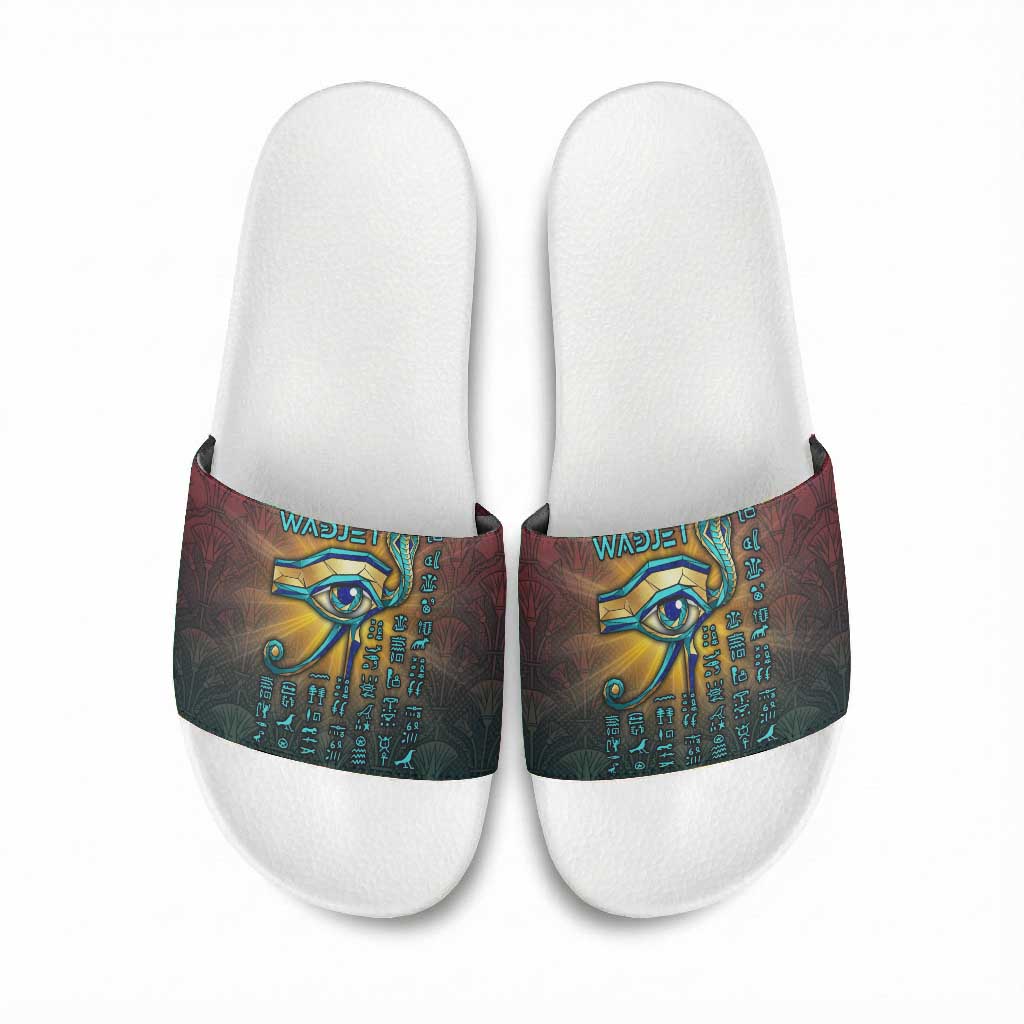 Egyptian Wadjet Winged Cobra Slide Sandals with Eye of Horus in Fiery Royal Protector Theme