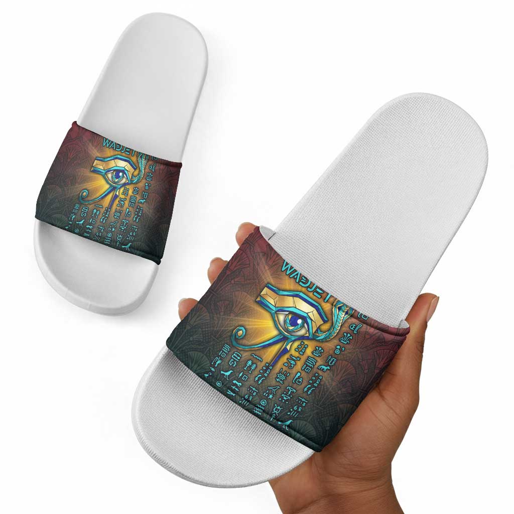 Egyptian Wadjet Winged Cobra Slide Sandals with Eye of Horus in Fiery Royal Protector Theme