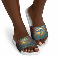 Egyptian Wadjet Winged Cobra Slide Sandals with Eye of Horus in Fiery Royal Protector Theme