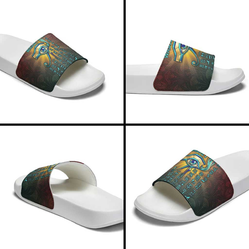Egyptian Wadjet Winged Cobra Slide Sandals with Eye of Horus in Fiery Royal Protector Theme