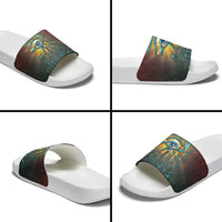 Egyptian Wadjet Winged Cobra Slide Sandals with Eye of Horus in Fiery Royal Protector Theme