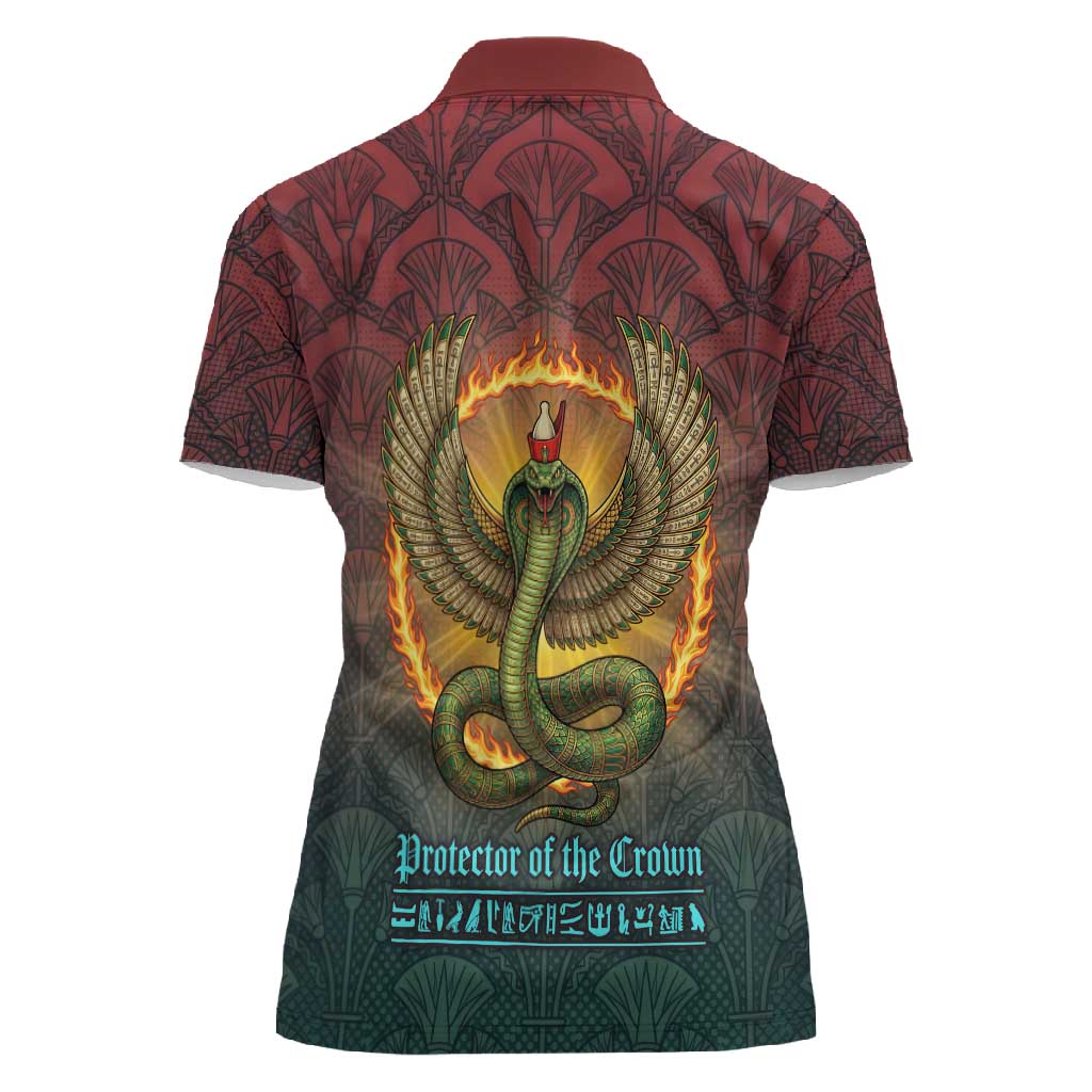 Egyptian Wadjet Winged Cobra Women Polo Shirt with Eye of Horus in Fiery Royal Protector Theme