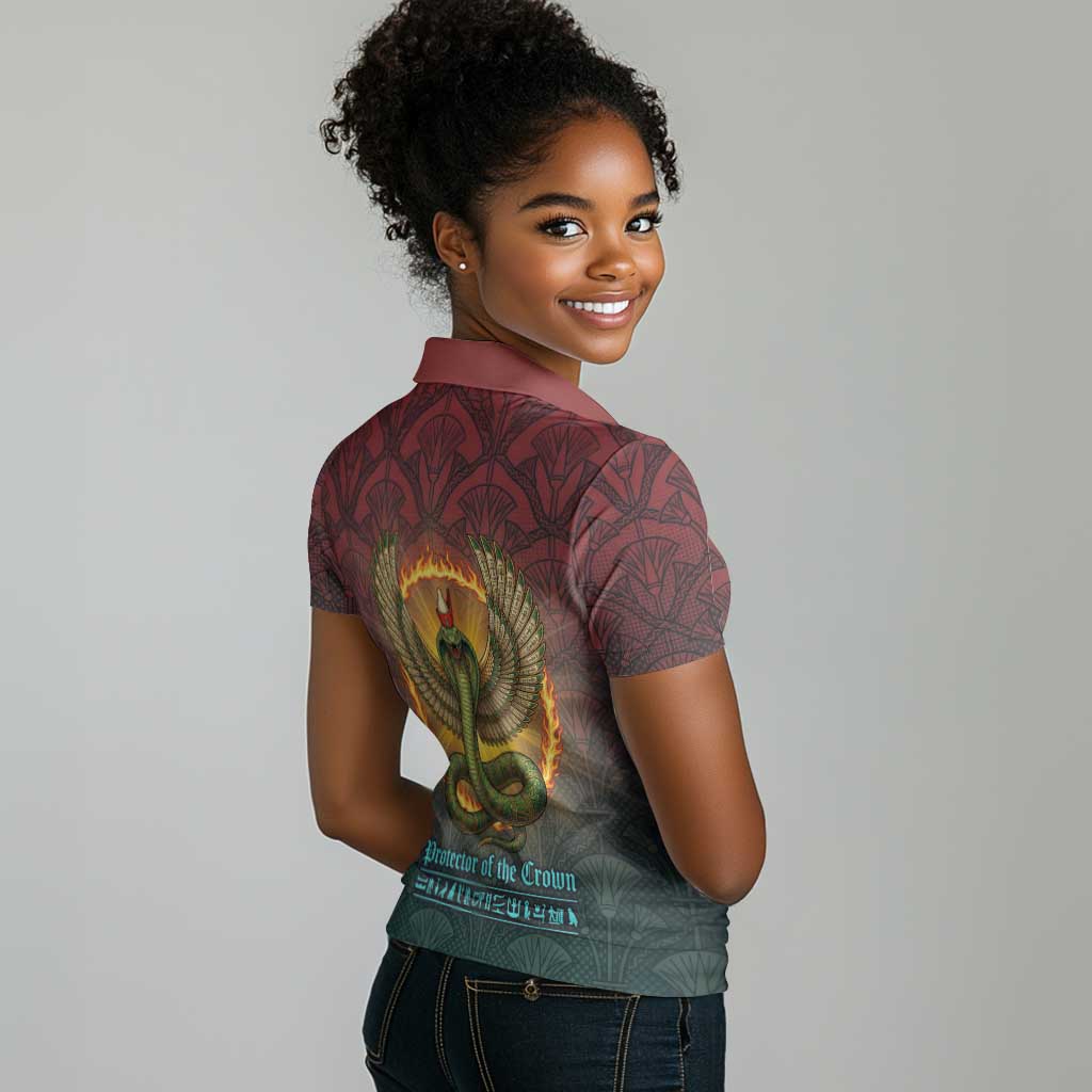 Egyptian Wadjet Winged Cobra Women Polo Shirt with Eye of Horus in Fiery Royal Protector Theme