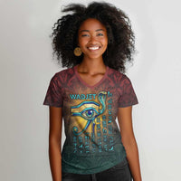 Egyptian Wadjet Winged Cobra Women V-Neck T-Shirt with Eye of Horus in Fiery Royal Protector Theme