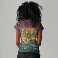 Egyptian Wadjet Winged Cobra Women V-Neck T-Shirt with Eye of Horus in Fiery Royal Protector Theme