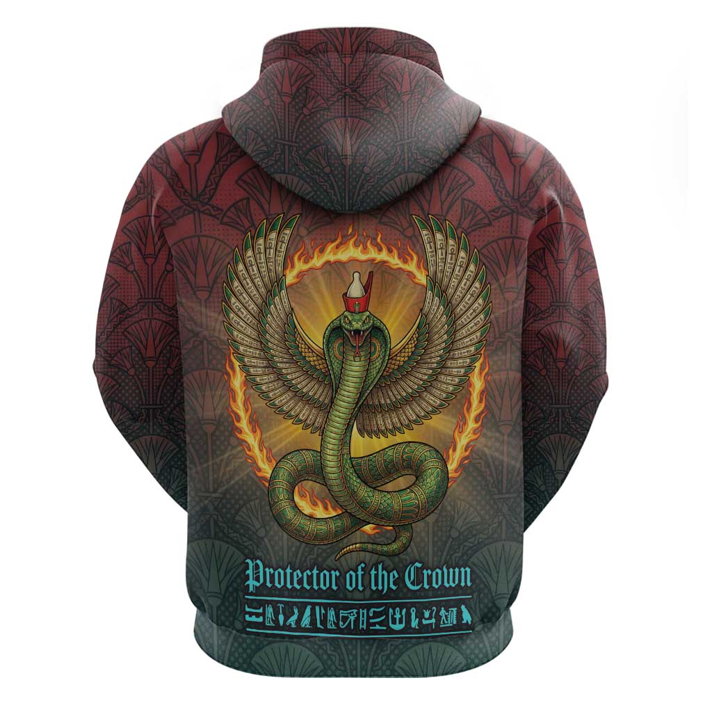 Egyptian Wadjet Winged Cobra Zip Hoodie with Eye of Horus in Fiery Royal Protector Theme