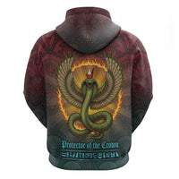 Egyptian Wadjet Winged Cobra Zip Hoodie with Eye of Horus in Fiery Royal Protector Theme