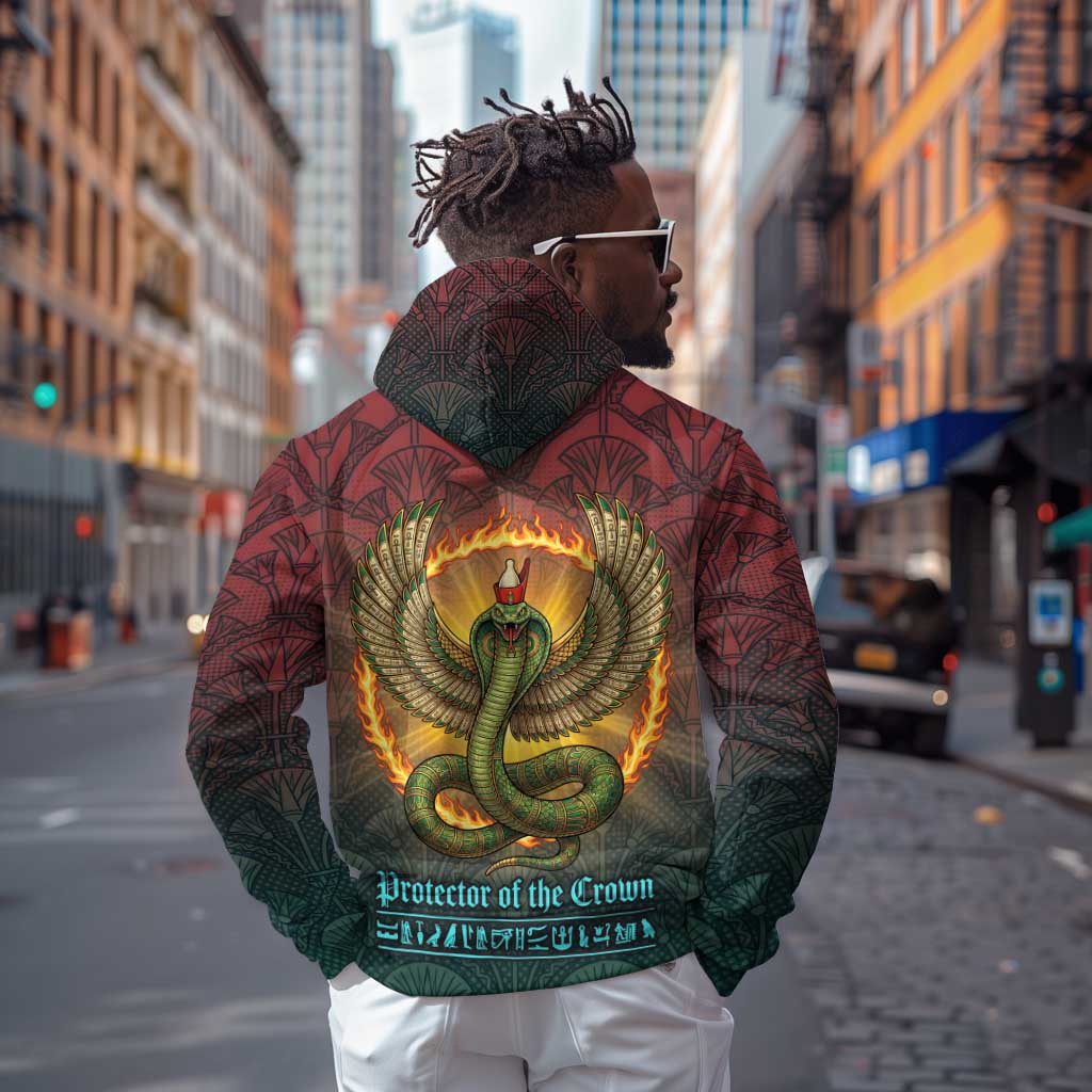 Egyptian Wadjet Winged Cobra Zip Hoodie with Eye of Horus in Fiery Royal Protector Theme
