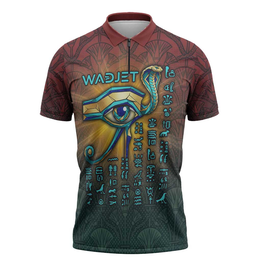 Egyptian Wadjet Winged Cobra Zipper Polo Shirt with Eye of Horus in Fiery Royal Protector Theme