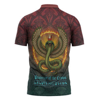 Egyptian Wadjet Winged Cobra Zipper Polo Shirt with Eye of Horus in Fiery Royal Protector Theme