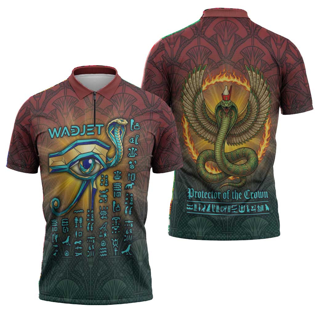 Egyptian Wadjet Winged Cobra Zipper Polo Shirt with Eye of Horus in Fiery Royal Protector Theme