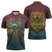 Egyptian Wadjet Winged Cobra Zipper Polo Shirt with Eye of Horus in Fiery Royal Protector Theme