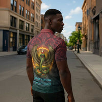 Egyptian Wadjet Winged Cobra Zipper Polo Shirt with Eye of Horus in Fiery Royal Protector Theme