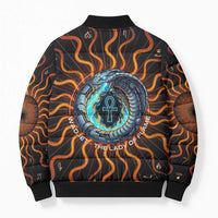 Wadjet Fiery Serpent Bomber Puffer Jacket Egyptian Ankh Symbol in Dark Flame Protector Theme