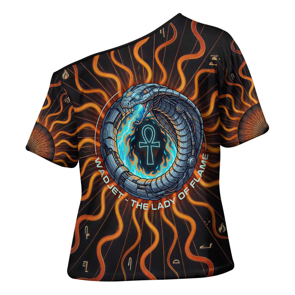 Wadjet Fiery Serpent Cross Shoulder Shirt Egyptian Ankh Symbol in Dark Flame Protector Theme