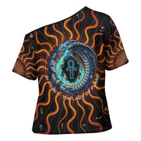 Wadjet Fiery Serpent Cross Shoulder Shirt Egyptian Ankh Symbol in Dark Flame Protector Theme