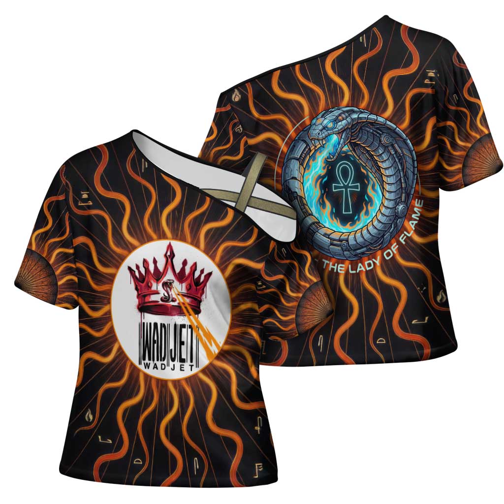 Wadjet Fiery Serpent Cross Shoulder Shirt Egyptian Ankh Symbol in Dark Flame Protector Theme