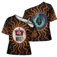 Wadjet Fiery Serpent Cross Shoulder Shirt Egyptian Ankh Symbol in Dark Flame Protector Theme