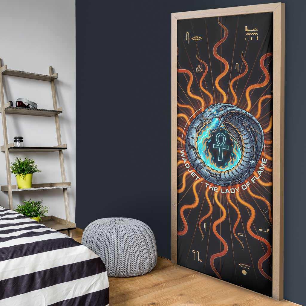 Wadjet Fiery Serpent Door Cover Egyptian Ankh Symbol in Dark Flame Protector Theme