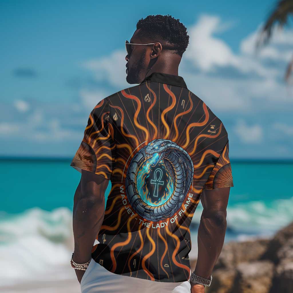 Wadjet Fiery Serpent Hawaiian Shirt Egyptian Ankh Symbol in Dark Flame Protector Theme