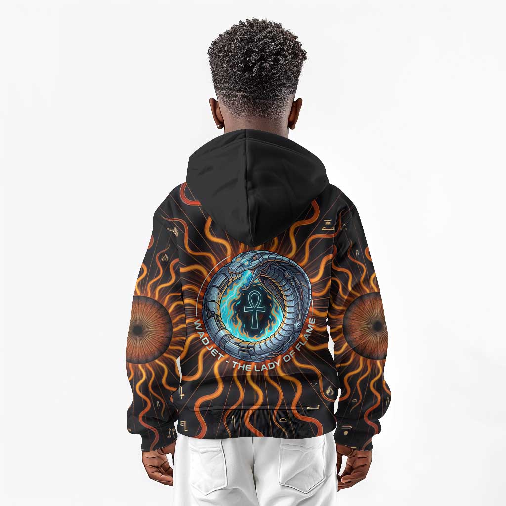Wadjet Fiery Serpent Kid Hoodie Egyptian Ankh Symbol in Dark Flame Protector Theme