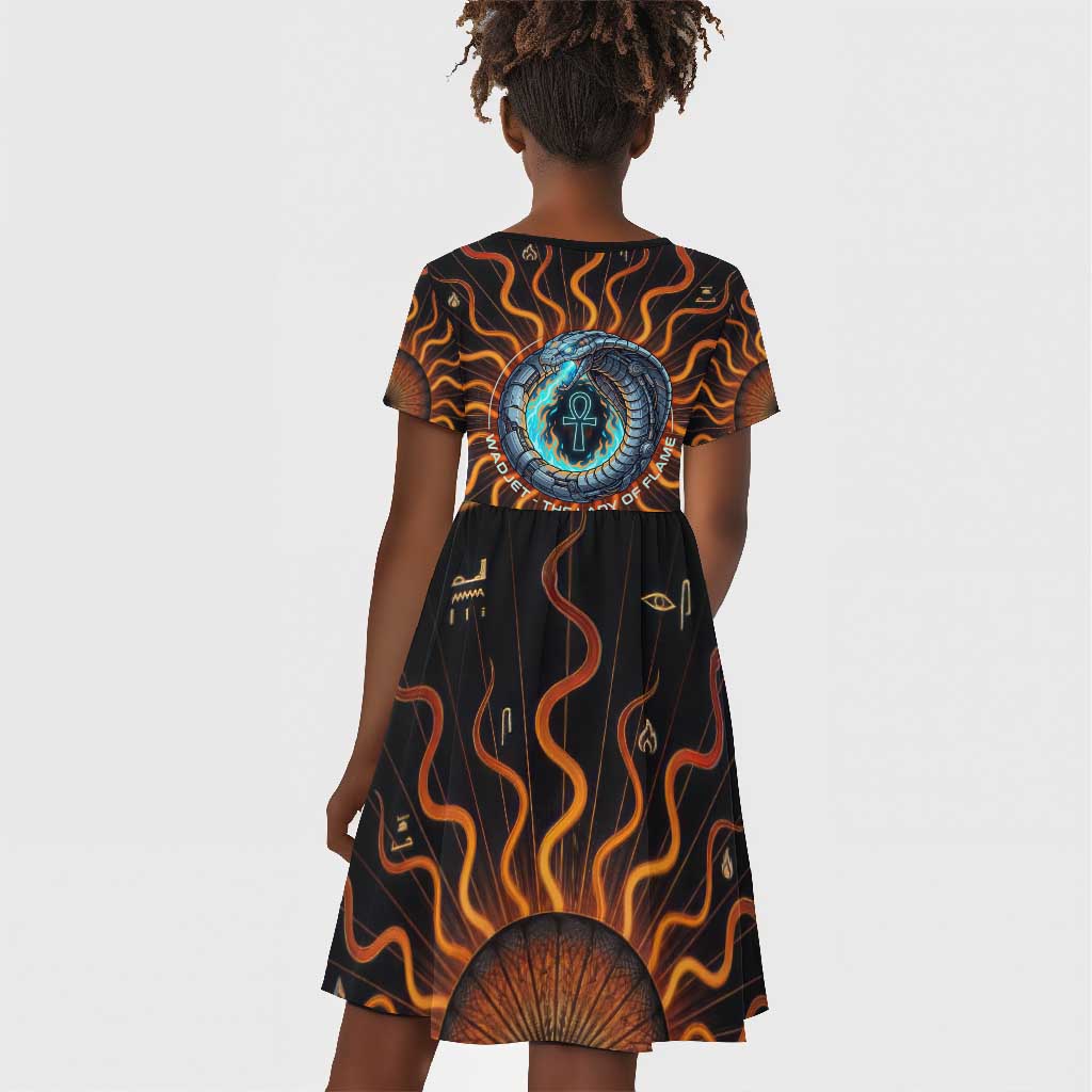 Wadjet Fiery Serpent Kid Short Sleeve Dress Egyptian Ankh Symbol in Dark Flame Protector Theme