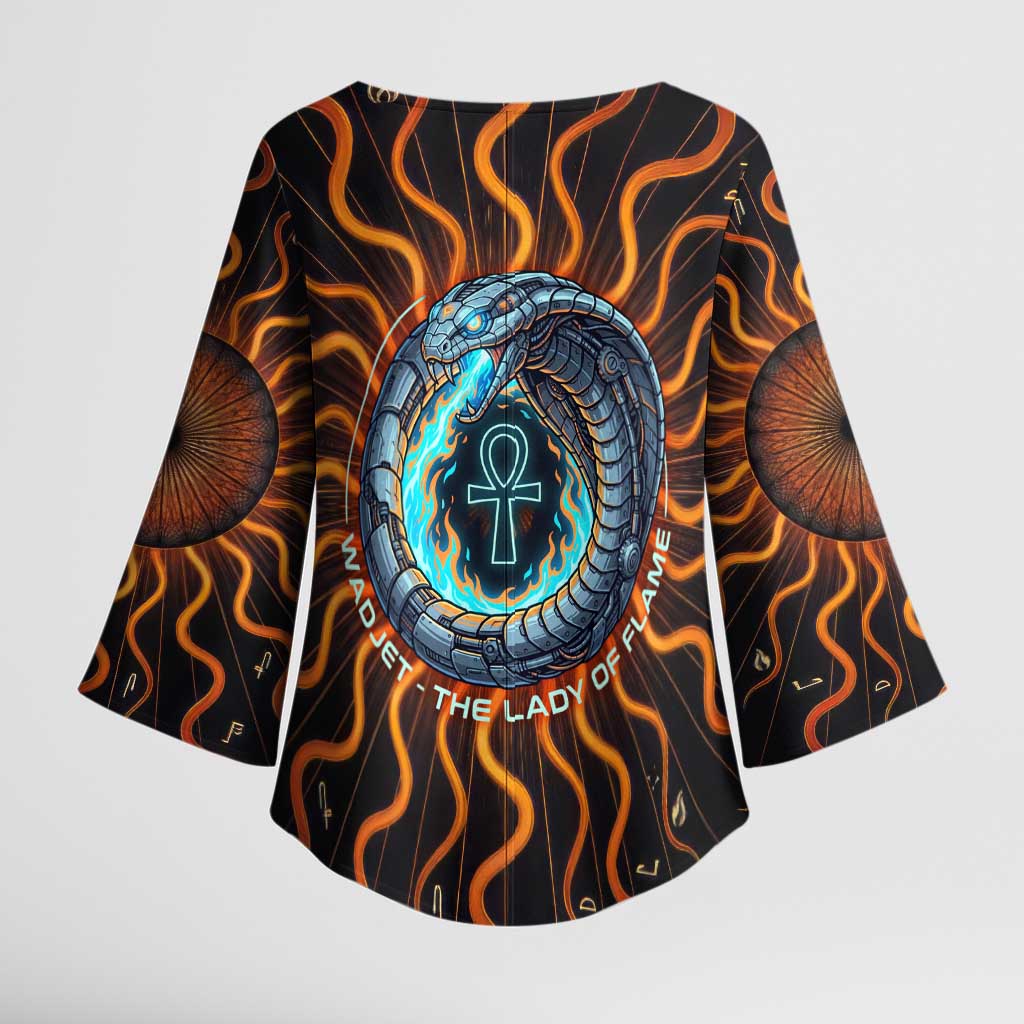 Wadjet Fiery Serpent Kimono Sleeve Blouse Egyptian Ankh Symbol in Dark Flame Protector Theme