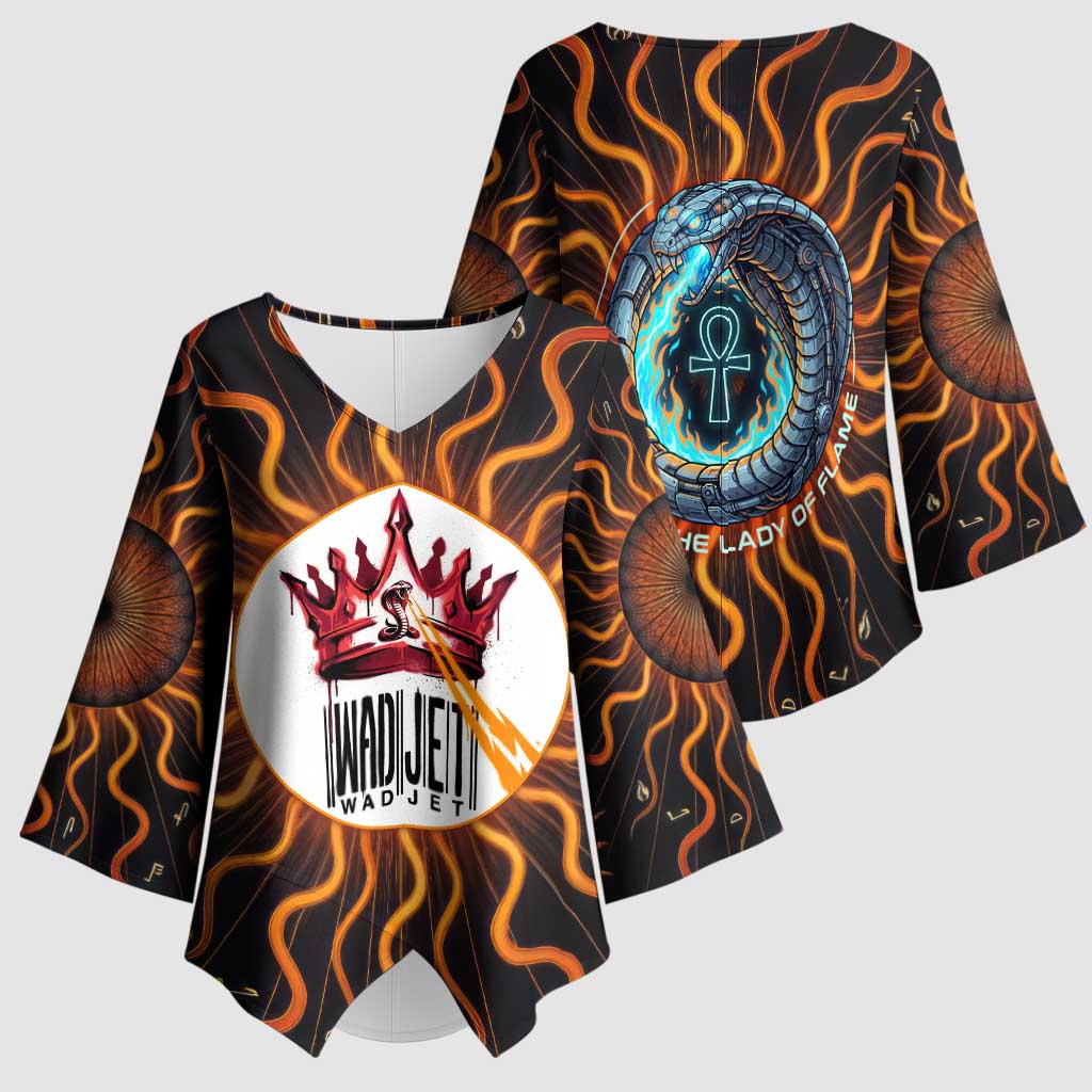 Wadjet Fiery Serpent Kimono Sleeve Blouse Egyptian Ankh Symbol in Dark Flame Protector Theme